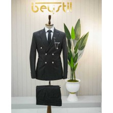 Beystil Sivri Yaka Siyah Çizgili Kruvaze Takım Elbise Bezayak - Slim Fit