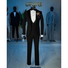 Beystil Siyah Şal Yaka Üzerine Sivri Yaka Yelekli Damatlık & Smokin Takımı 10001 - Slim Fit