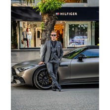 Beystil Sivri Yaka Gri Yelekli Takım Elbise Bezayak - Slim Fit