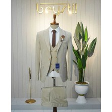 Beystil Sivri Yaka Krem Yelekli Takım Elbise Petek -Slim Fit