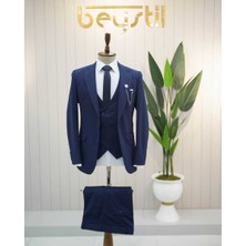 Beystil Sivri Yaka Lacivert Yelekli Takım Elbise Petek - Slim Fit