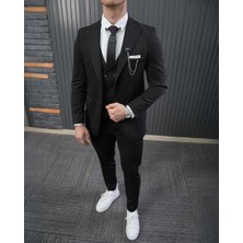 Beystil Sivri Yaka Siyah Yelekli Takım Elbise Petek - Slim Fit