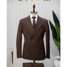 Beystil Sivri Yaka Kahverengi Spor Casual Kruvaze Takım Elbise - Slim Fit