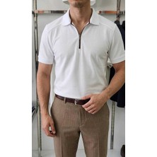 Beystil Erkek Beyaz Slim Fit Yarım Fermuarlı T-Shirt 263471