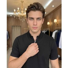 Beystil Erkek Siyah Slim Fit Yarım Fermuarlı T-Şhirt 263463
