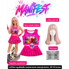 Bemora Kids Manifest Pembe Etek Bluz Alt Üst 2 Li Takım Şort Etek Takım Manifest Lidya Peruk - Yüz Taşı Seti - Manifest Topuklu Ayakkabı Parti Konser Doğum Günü Plaj Giyim