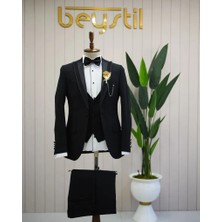 Beystil Erkek Sivri Yaka Siyah Yelekli Damatlık ve Smokin Takım 10003 - Slim Fit