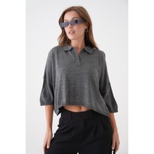 Woman Vision Triko Kumaş Polo Yaka Oversize Kalıp Crop Antrasit Kadın Bluz 002
