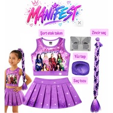 Bemora Kids Manifest Şort Etek Üst Büstiyer Örgü Zincirli Mor - Lila Renk Saç Manifest Aksesuar Seti Mor Saç Tozu - Yüz Taşı
