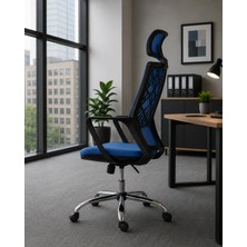 Trendcore Ergonomik Fileli Yönetici Ofis Koltuğu, Başlıklı Çalışma Koltuğu, Mavi Home Office Koltuğu, Bilgisayar Koltuğu