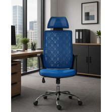 Trendcore Ergonomik Fileli Yönetici Ofis Koltuğu, Başlıklı Çalışma Koltuğu, Mavi Home Office Koltuğu, Bilgisayar Koltuğu