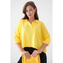 Woman Vision Triko Kumaş Polo Yaka Oversize Kalıp Crop Sarı Kadın Bluz 002