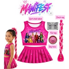 Bemora Kids Manifest Şort Etek Üst Büstiyer Örgü Zincirli Pembe Renk Saç Manifest Aksesuar Seti Pembe Saç Tozu - Yüz Taşı