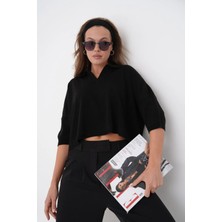 Woman Vision Triko Kumaş Polo Yaka Oversize Kalıp Crop Siyah Kadın Bluz 002