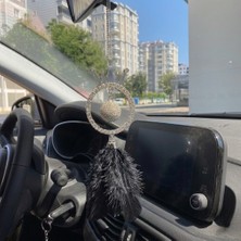 Oto Aksesuarcım Düşkapanı Disko Toplu Gümüş Kristal Taşlı Pleksi Dikiz Ayna Süsü Siyah Tüylü