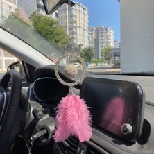 Oto Aksesuarcım Düşkapanı Disko Toplu Gümüş Kristal Taşlı Pleksi Dikiz Ayna Süsü Pembe Tüylü