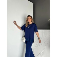 Qimya Butik Egzotik Asortik Kadın Kol & Etek Ucu & Pantolonu Dantel Detaylı Kısa Kollu Baseb Boy Bluz ve Beli Lastikli Pantolonlu Alt Üst Ikili Takım