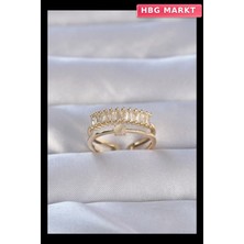 HBG Markt Mey Ithalat® Pirinç Gold Renk Zirkon Taşlı Baget Su Yolu Model Ayarlanabilir Yüzük