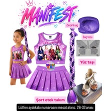 Bemora Kids Manifest Şort Etek Üst Büstiyer Örgü Zincirli Mor Renk Saç Manifest Aksesuar Seti Mor Saç Tozu - Yüz Taşı - Manifest Topuklu Ayakkabı Seti