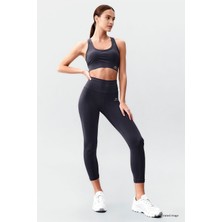 Tommy Life Antrasit Yüksek Bel Toparlayıcı Çapraz Sırt Detaylı Slim Fit Kadın Tayt Takım - 95283