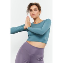 Tommy Life Mint Yeşili Uzun Kollu Dar Kalıp  O Yaka Kadın Crop Top T-Shirt - 97150