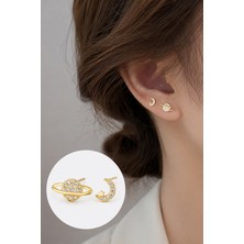 Trend Collection Kadın Gold Ay Yıldız ve Gezegen Figürlü Minimal Taşlı Küpe