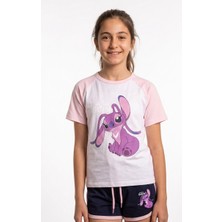 Vaxy Style Stitch Baskılı Çocuk Takım Karakterli Kısa Kollu Tişört Şort Pembe Lacivert Pamuklu Yazlık Takım