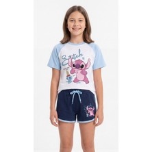 Vaxy Style Stitch Baskılı Çocuk Takım Karakterli Kısa Kollu Tişört Şort Takım Lacivert Mavi
