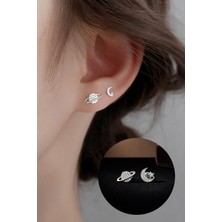 Trend Collection Kadın Gümüş Ay Yıldız ve Gezegen Figürlü Minimal Taşlı Küpe