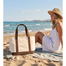 Anera Towel Naturel Kahve Kontrast Renkli %100 Pamuklu Kanvas Çıtçıtlı Plaj Çantası Omuz Çantası El Çantası