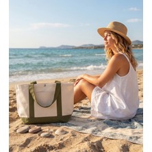 Anera Towel Naturel Haki Kontrast Renkli %100 Pamuklu Kanvas Çıtçıtlı Plaj Çantası Omuz Çantası El Çantası