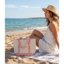 Anera Towel Naturel Çiçek Desen Kontrast Renkli %100 Pamuklu Kanvas Çıtçıtlı Plaj Çantası Omuz Çantası El Çantası