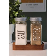 Mienda Home Ahşap Stantlı 2'li Cam Tuzluk Biberlik Seti Özel Etiketli Baharatlık 120 ml