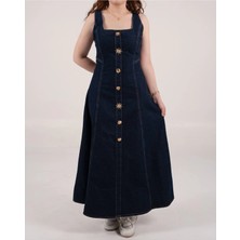Gold Düğme Detaylı Kare Yaka Uzun Denim Elbise