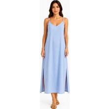 Moda Ince Askılı V Yaka Yırtmaçlı Maxi Elbise