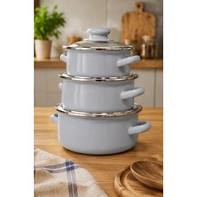 Gelincik Alev Emaye Mini 3'lü Tencere Seti 12/14/16 cm Gri Emaye Tencere