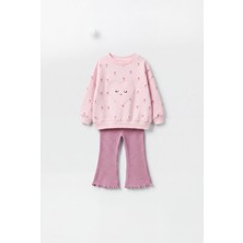 Magu Kız Çocuk Kalp Detaylı Pembe Sweatshirt ve Ispanyol Paça Tayt Takımı