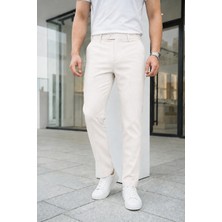 Ser Joven Erkek Kırık Beyaz Slim Fit Likralı Yan Cep Bilek Boy Düz Kumaş Pantolon