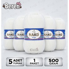 Nako Vega - Beyaz (208) - 5'li Paket x 100GR/195M - Bebek-Hırka-Kazak-Atkı-Bere-Patik Anti Pilling Tüylenmez Ip