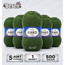 Nako Vega - Haki (1989) - 5'li Paket x 100GR/195M - Bebek-Hırka-Kazak-Atkı-Bere-Patik Anti Pilling Tüylenmez Ip