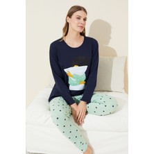 Siyah İnci Lacivert Baskılı Pamuklu Örme Pijama Takım 24240130