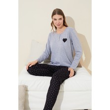 Siyah İnci Gri Melanj Nakışlı Pamuklu Örme Pijama Takım 24240093