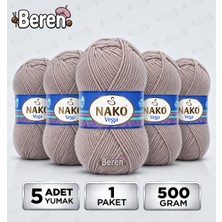 Nako Vega - Pembeli Vizon (12428) - 5'li Paket x 100GR/195M - Bebek-Hırka-Kazak-Atkı-Bere-Patik Anti Pilling Tüylenmez Ip