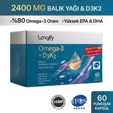Longify Omega 3 + D3K2, IFOS Onaylı, Yüksek EPA & DHA, Vitamin D3, Vitamin K2 (MK7), Vitamin E, Balık Yağı, 60 Yumuşak Kapsül