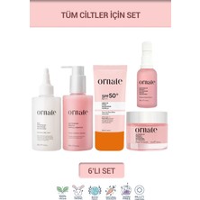 Ornate Temizleyici, Peptit Serum, Nemlendirici, Pirinç Tonik ve SPF50+ Güneş Kremi Cilt Bakım Seti