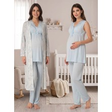 Lohussa Kadın Mavi Dantelli Özel Tasarım Pamuk Penye Hamile Lohusa Sabahlık Pijama Takımı Set