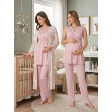 Lohussa Kadın Pudra Dantelli Özel Tasarım Pamuk Penye Hamile Lohusa Sabahlık Pijama Takımı Set