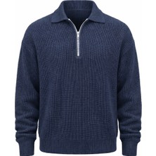 Gibson Oversize Yarım Fermuar Gömlek Polo Yaka Selanik Örme Erkek Triko Kazak - Indigo