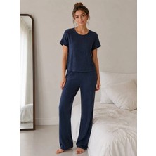 Pijamask Kadın Lacivert Kısa Kollu Uzun Pantolonlu Pijama Takımı Rahat Ev Giyim Uyku Takımı