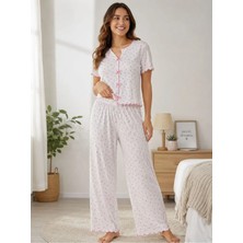 Pijamask Kadın Kurdele Detaylı Desenli Kısa Kollu Pijama Takım